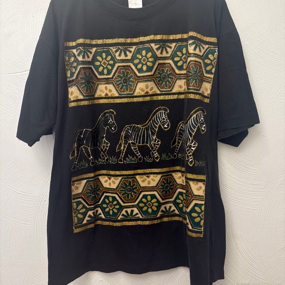 Black T-Shirt with Gold & Green Zebra Motif